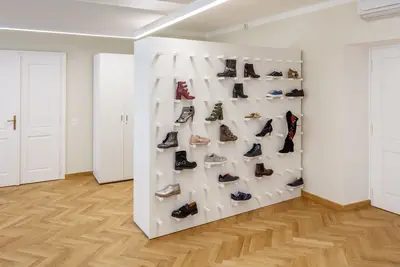Shoe display panels are part of the office.